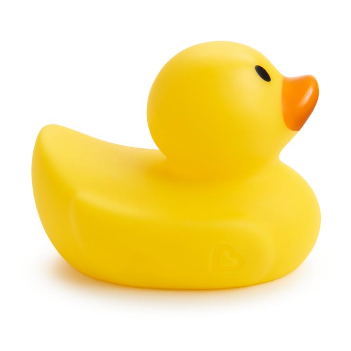Yellow rubber ducky with orange beak from Munchkin White Hot Ducky to prevent unnecessary bath-time fuss