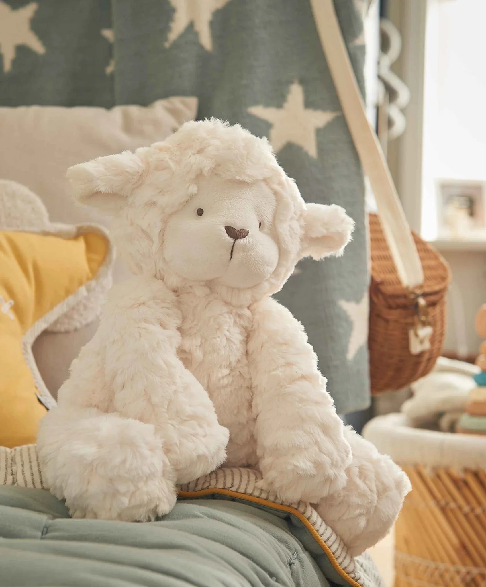 Soft plush fluffy white lamb toy for babies in Mamas & Papas Welcome to the World Larry Lamb collection, perfect for baby strollers