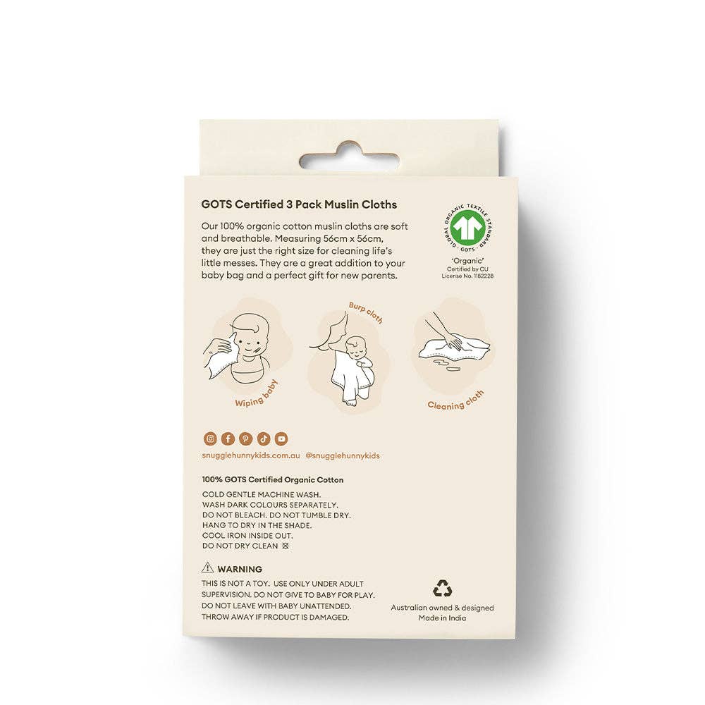 Snuggle Hunny - Small Organic Muslin Cloths 3 Pack - Dragon/Milk/Baby Blue