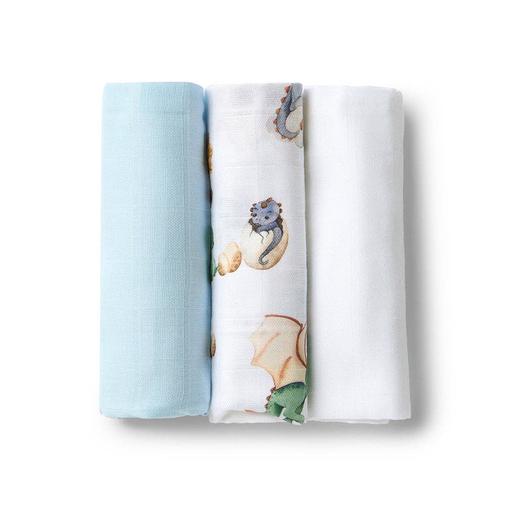 Snuggle Hunny - Small Organic Muslin Cloths 3 Pack - Dragon/Milk/Baby Blue
