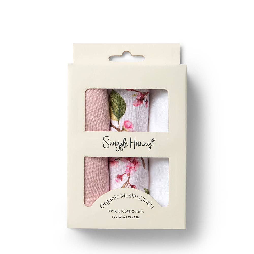 Snuggle Hunny - Small Organic Muslin Cloths 3 Pack - Cherry Blossom/Milk/Fairytale