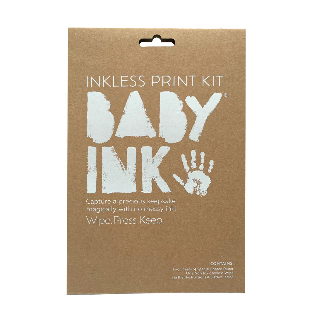 Packaging for BabyInk Inkless Print Kit with the text 'INKLESS PRINT KIT BABYINK' and an image of a handprint.