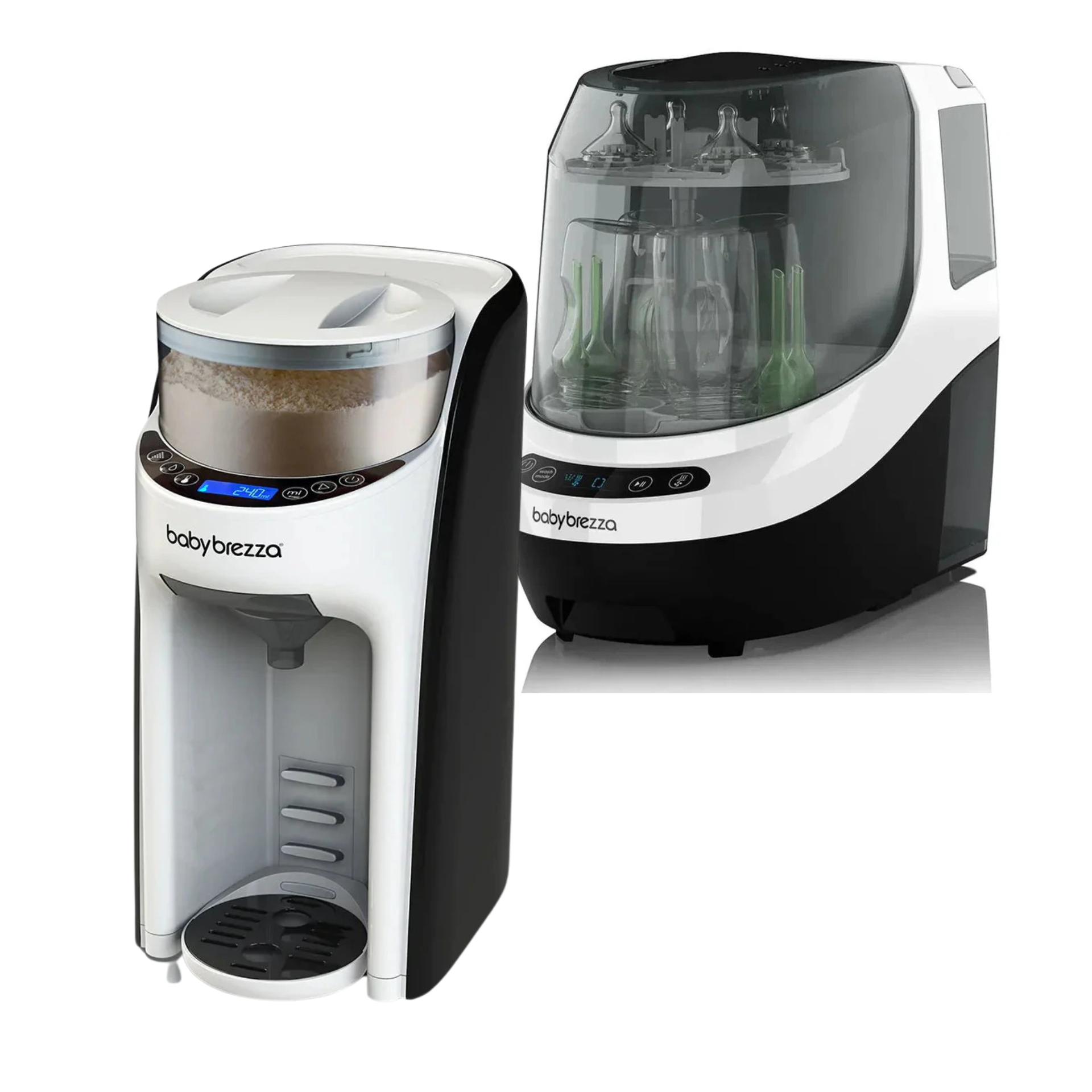 Baby Brezza baby bottle sterilizer and milk dispenser set shown on a white background, featuring a white and black main unit with a transparent bottle holder and a separate bottle sterilizer container.