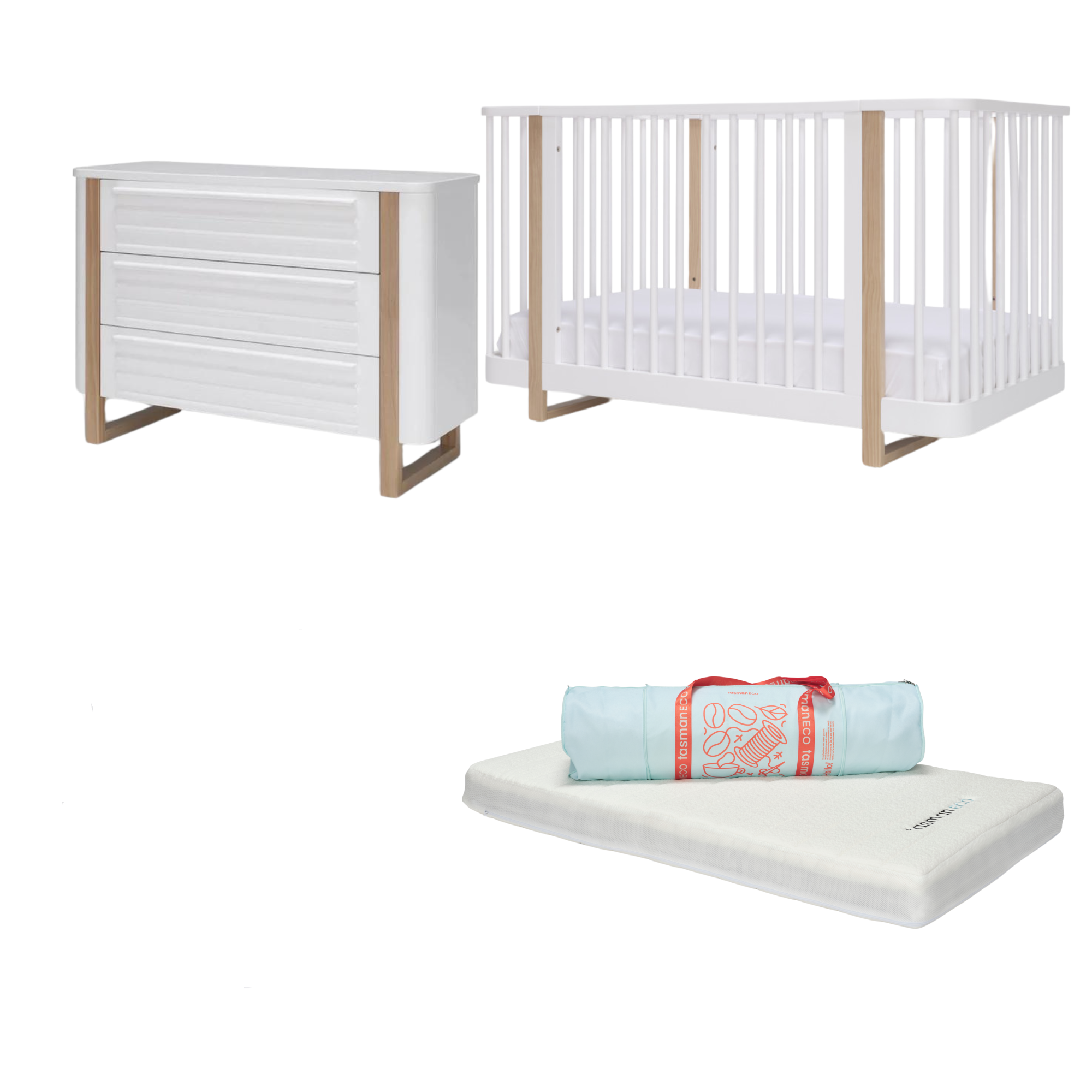 Tasman Eco Pisa STANDARD Nursery 5 PC Package White & Sandstone (EOFY Save $349) ETA JULY 2025 - Tiny Tots Baby Store