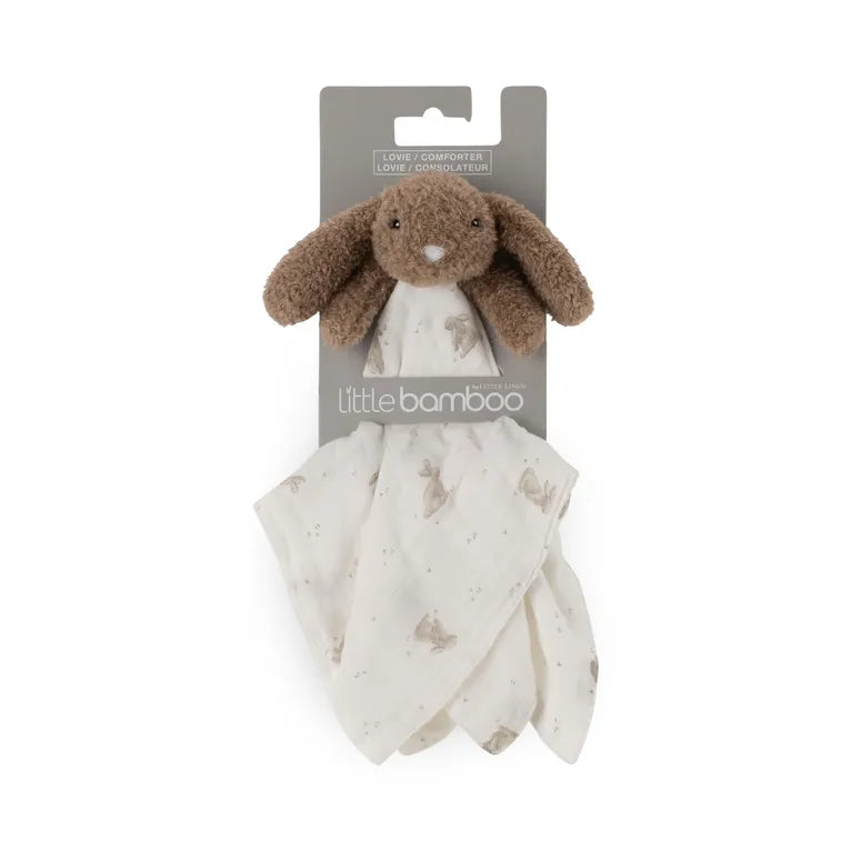 Baby comfort blanket with bunny toy on a white background, branded 'Little Bamboo'.