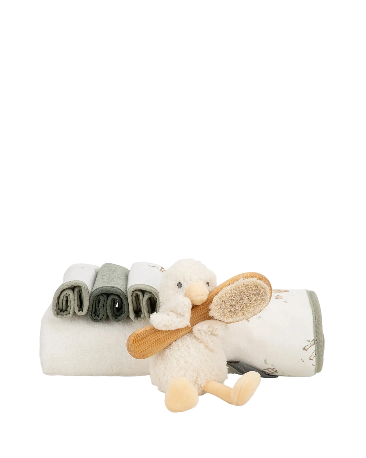 Plush toy with a wooden airplane propeller on a white background
