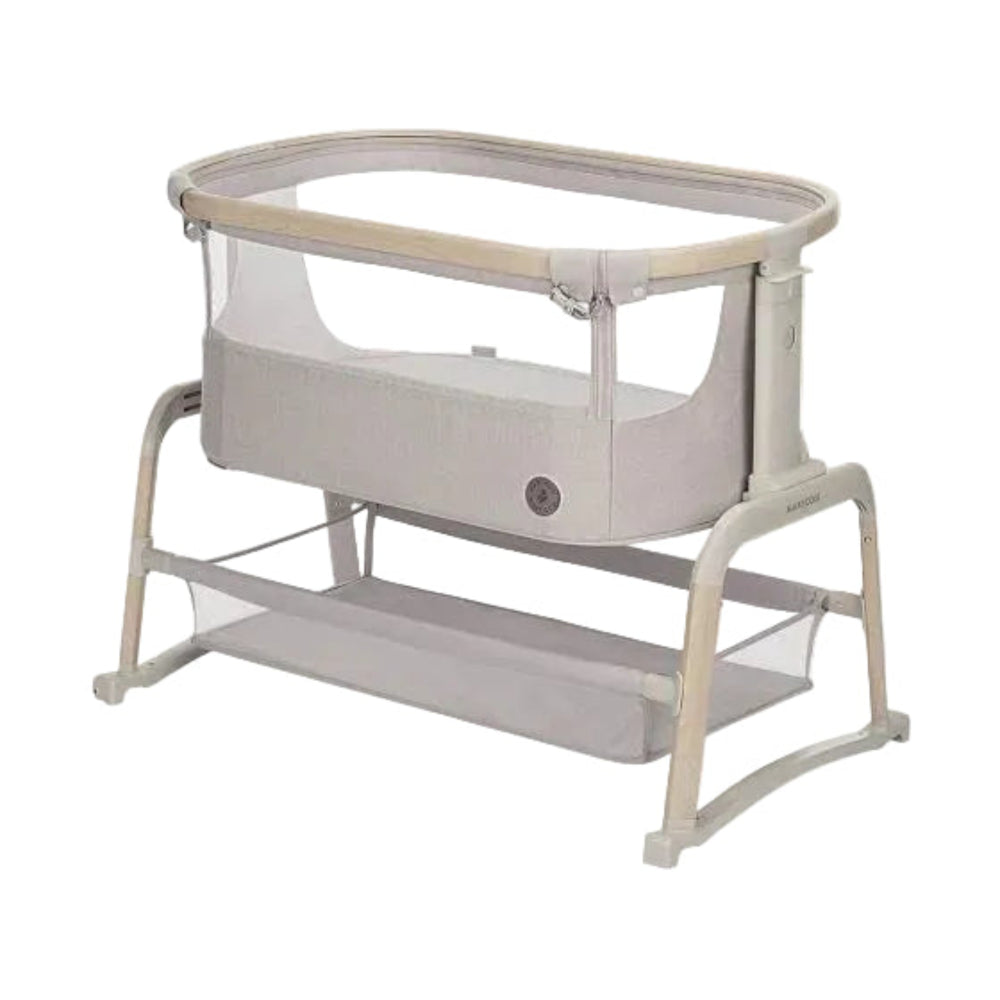 Beige Maxi Cosi Iora Air Bedside Sleeper with mesh sides f