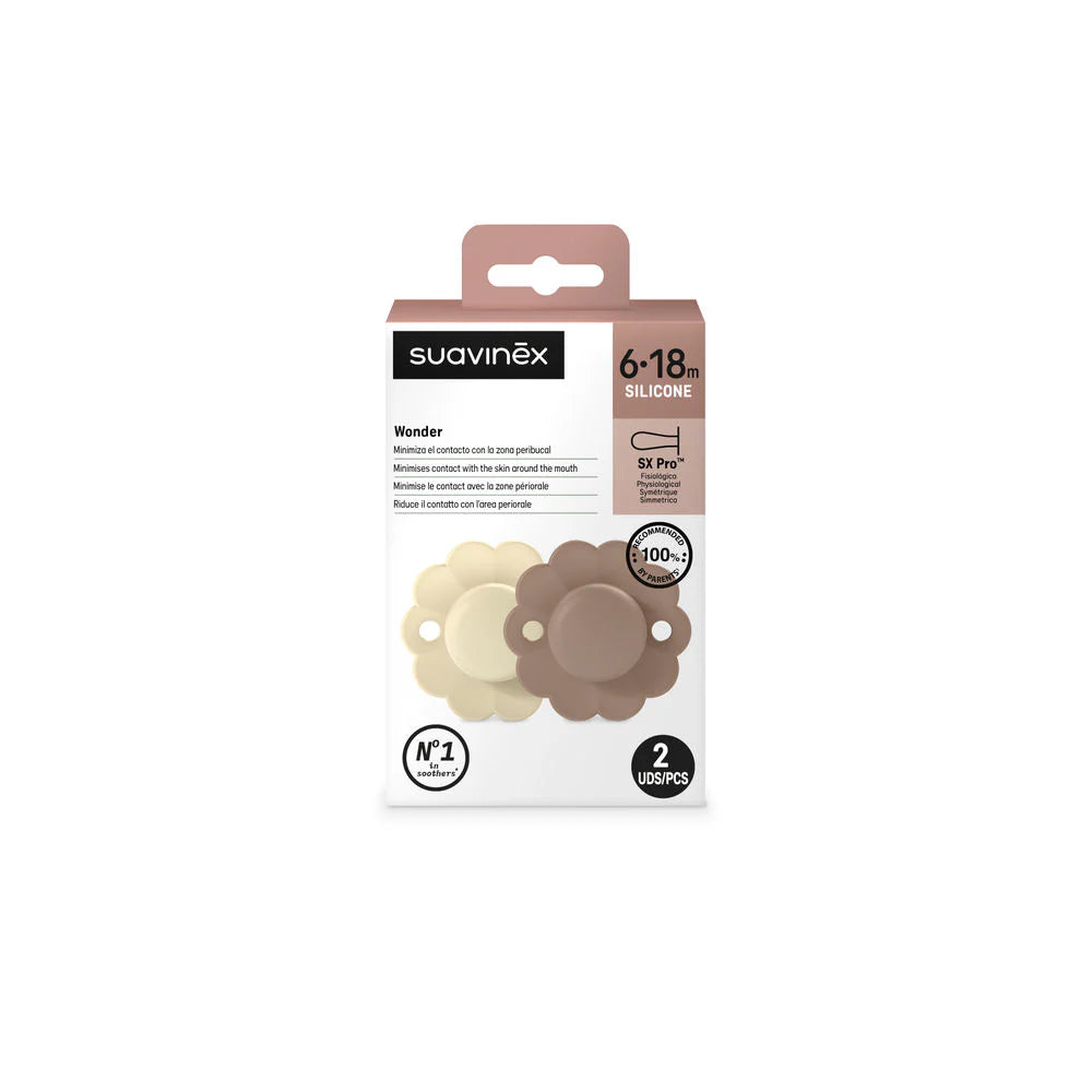 Suavinex Wonder SX Pro Soother 6-18 Months 2 Pack - WHITECAP GREY/RAW UMBER