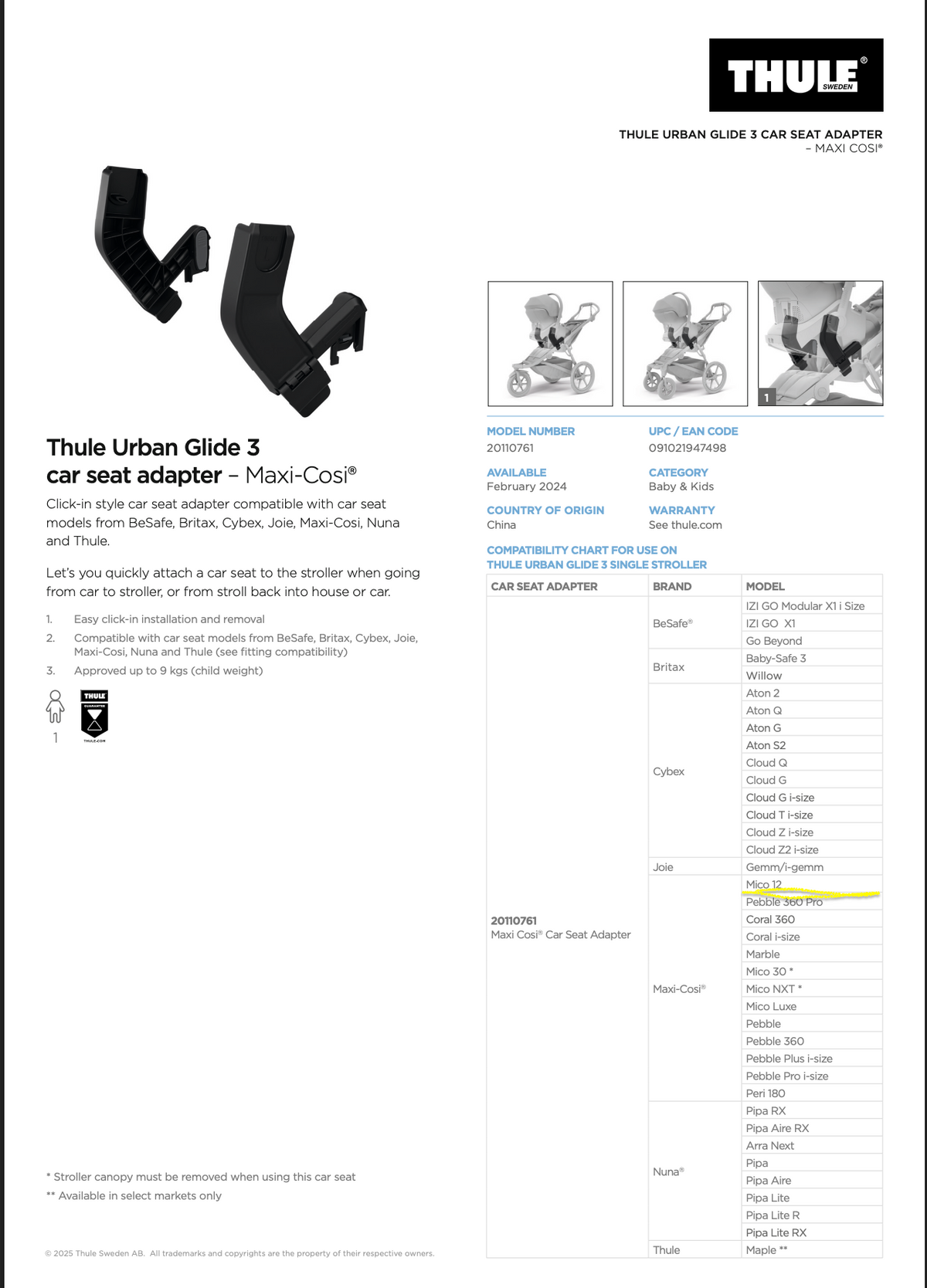 Thule Urban Glide 3 car seat adapter for Maxi-Cosi®