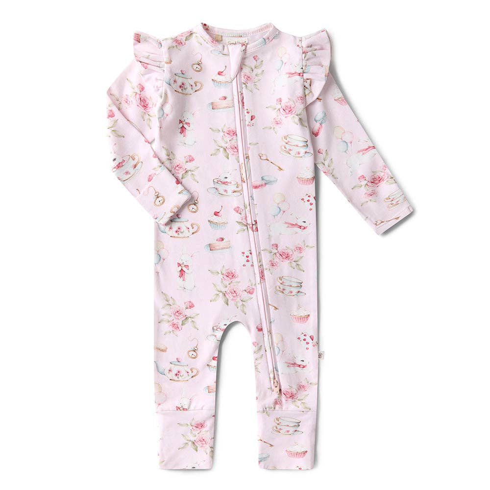Snuggle Hunny - Alice’s Tea Party Organic Snugglesuit Convertible Romper with Frill - Newborn (0000)