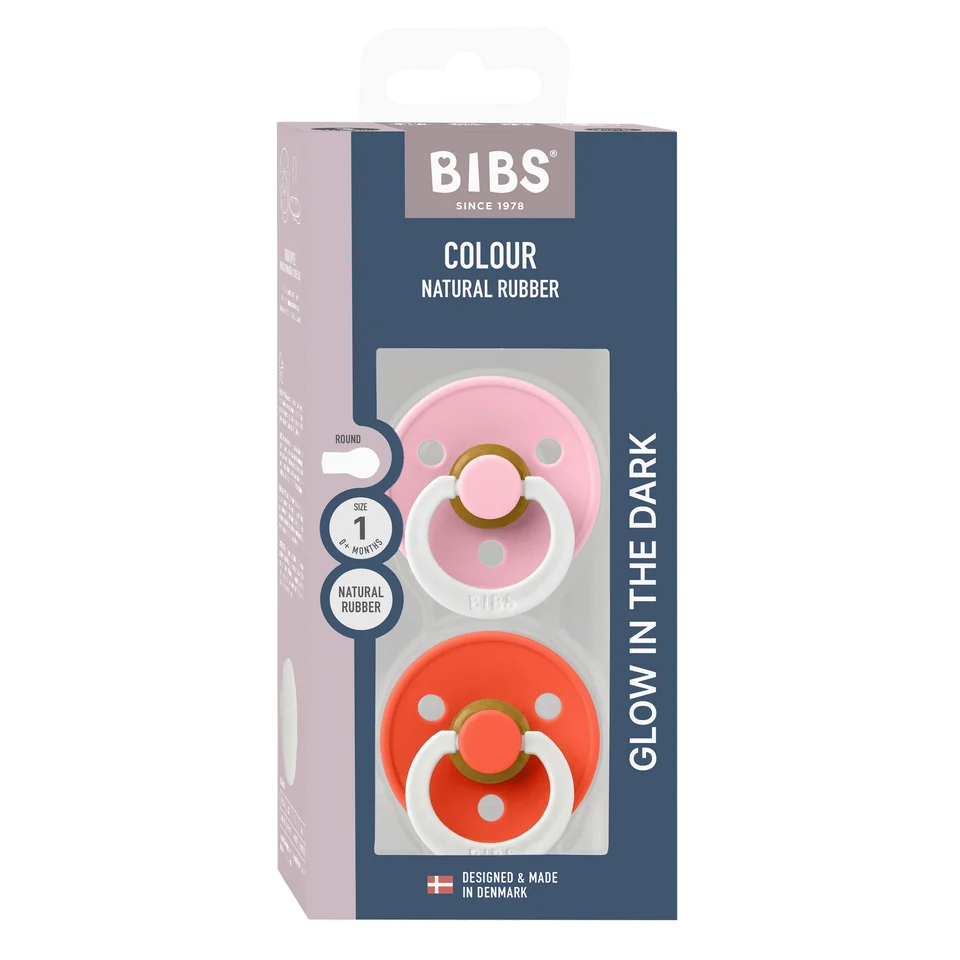BIBS Dummies Baby Pink/Tango GLOW Round, Latex (2pk)