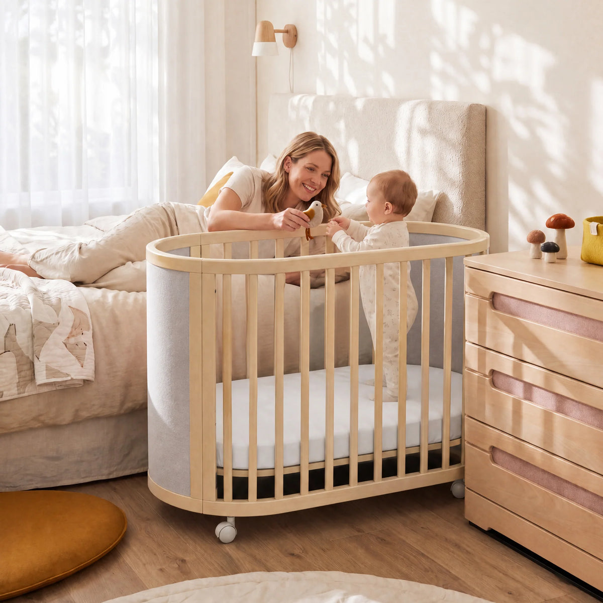 Eden Elite Oval Cot | Light Truffle & Beech