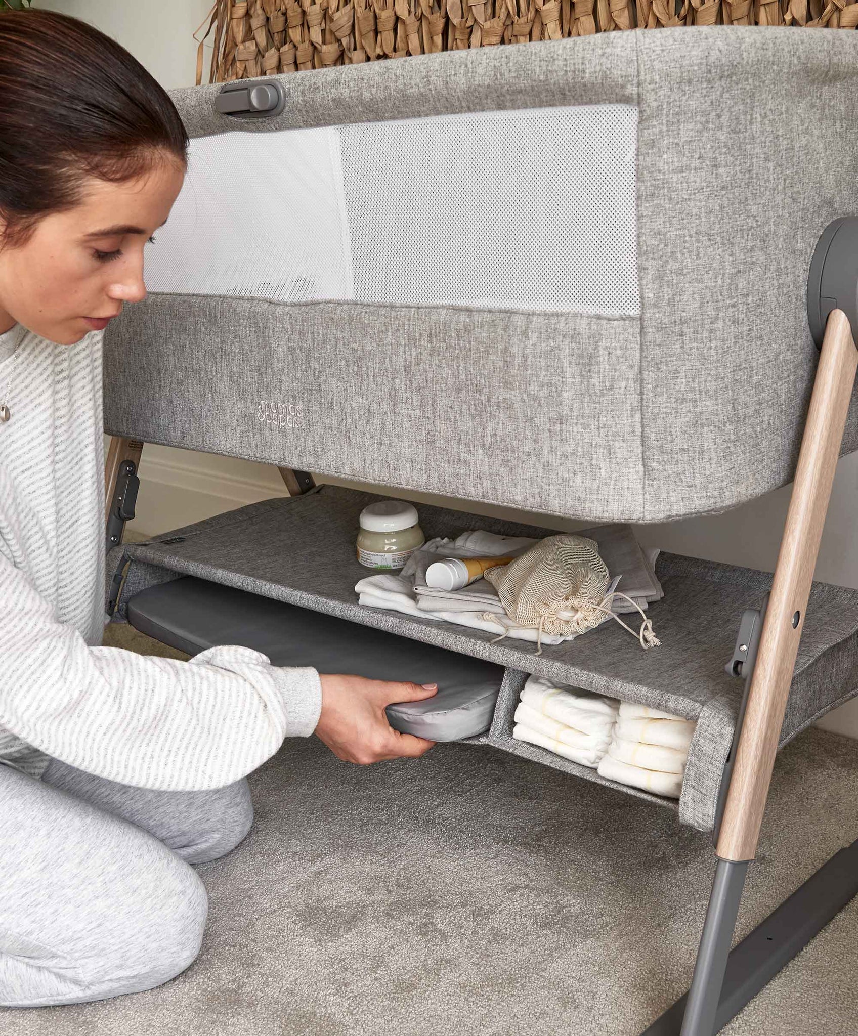 Mamas & Papas Lua Bedside Crib Grey - Tiny Tots Baby Store