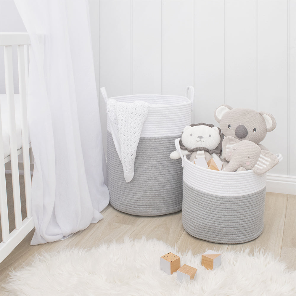 Living Textiles Cotton Rope Hamper - White / Grey (35 x 30 x 30cm) - Tiny Tots Baby Store 