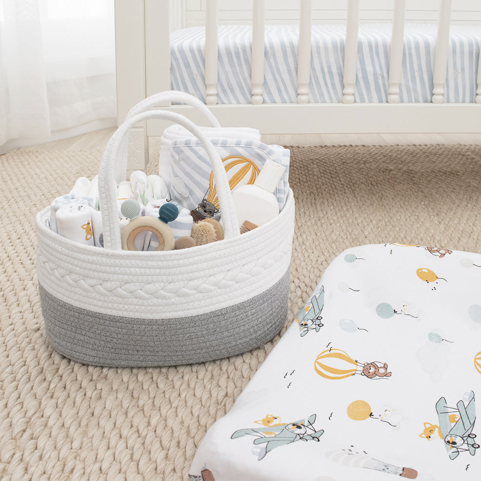 Living Textiles Cotton Rope Nappy Caddy - Grey / White - Tiny Tots Baby Store 