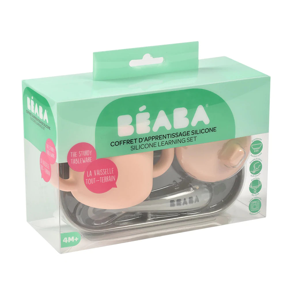 Beaba Silicone Learning  Set- Pink / Grey - Tiny Tots Baby Store 