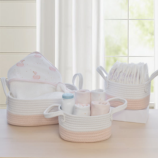 Living Textiles Nursery Storage set Cotton Rope 3pc - White / Blush - Tiny Tots Baby Store 