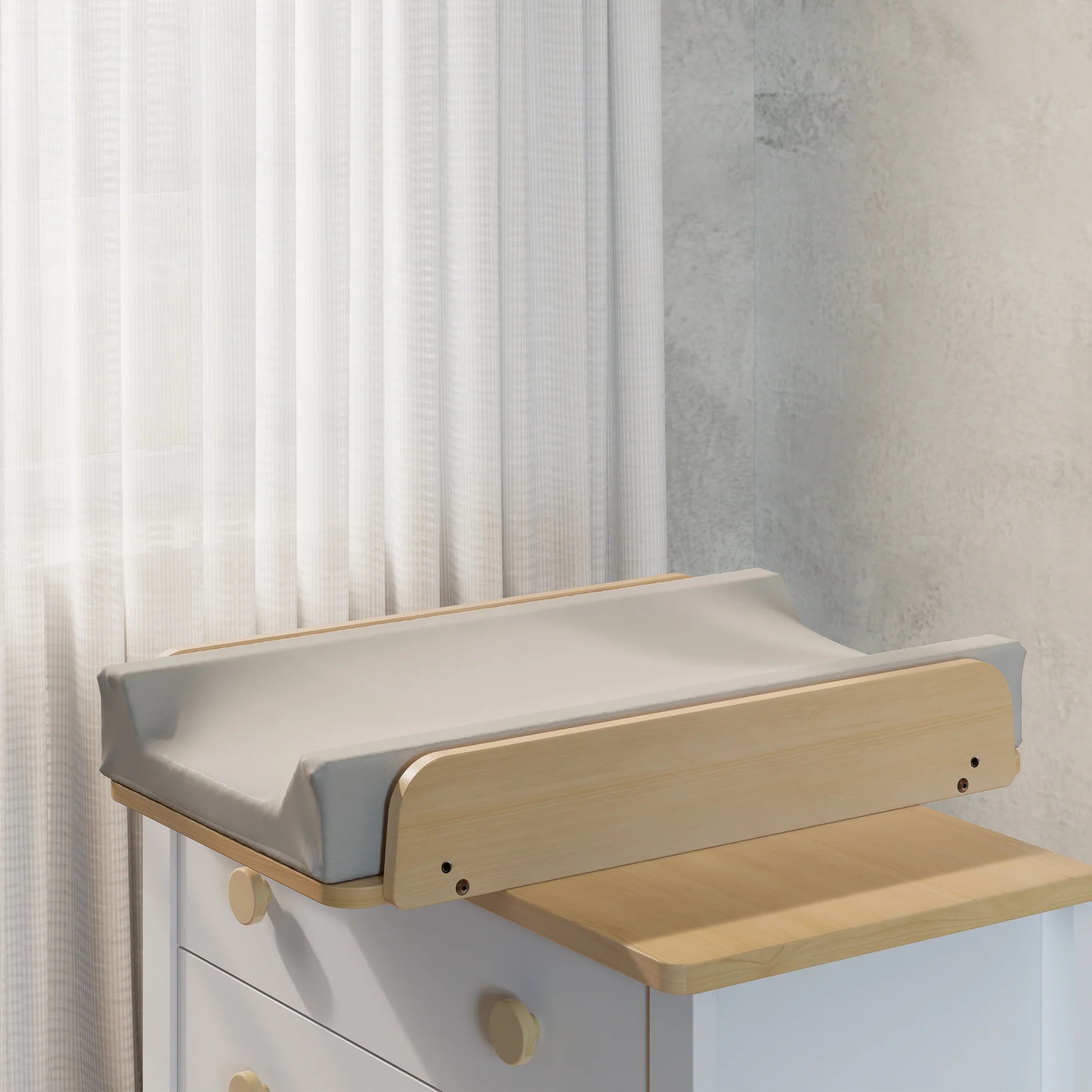 Boori Duo-Fit Change Tray attached to nursery chest of drawers