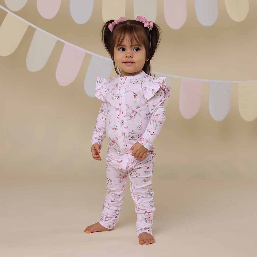 Snuggle Hunny - Alice’s Tea Party Organic Snugglesuit Convertible Romper with Frill - Newborn (0000)