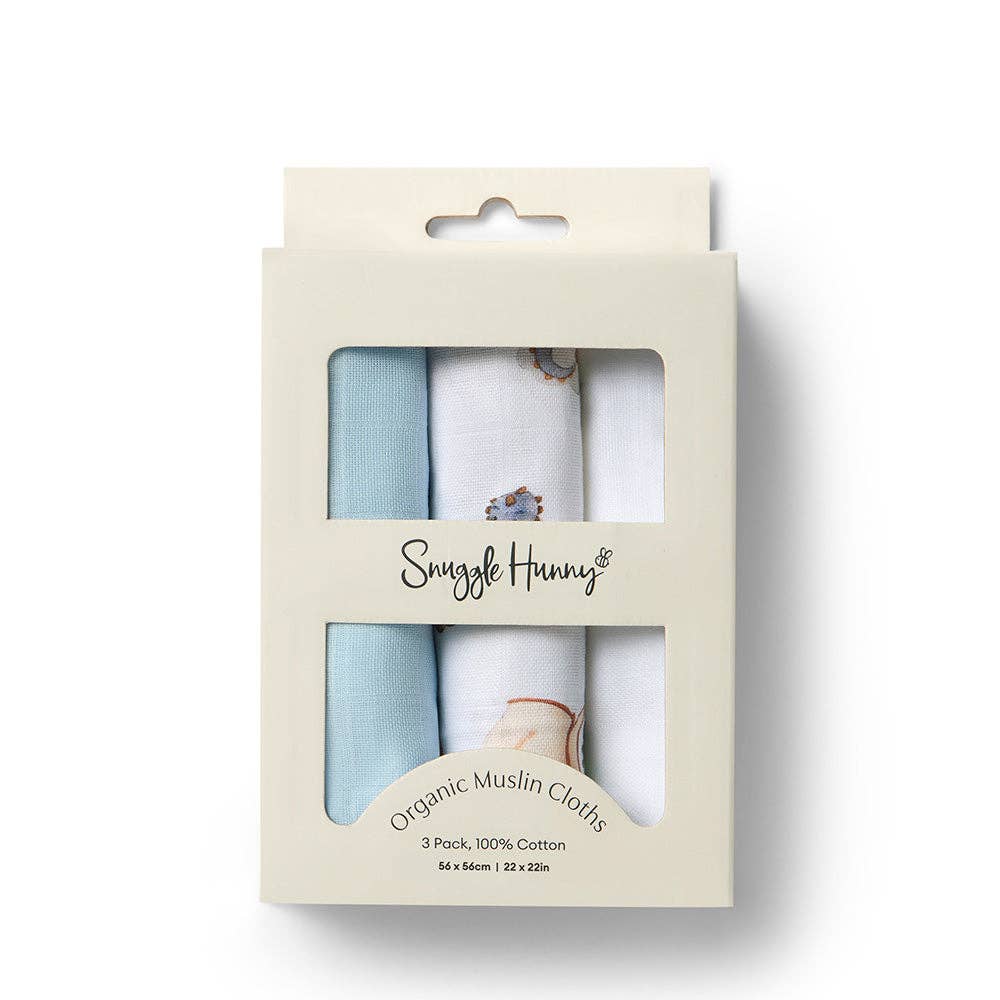 Snuggle Hunny - Small Organic Muslin Cloths 3 Pack - Dragon/Milk/Baby Blue 