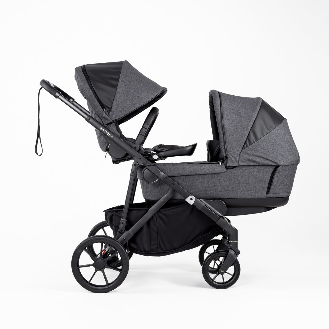 Gray double stroller from Bambini LISBON Pram Twin Bundle HENRI Black/Charcoal perfect for baby strollers