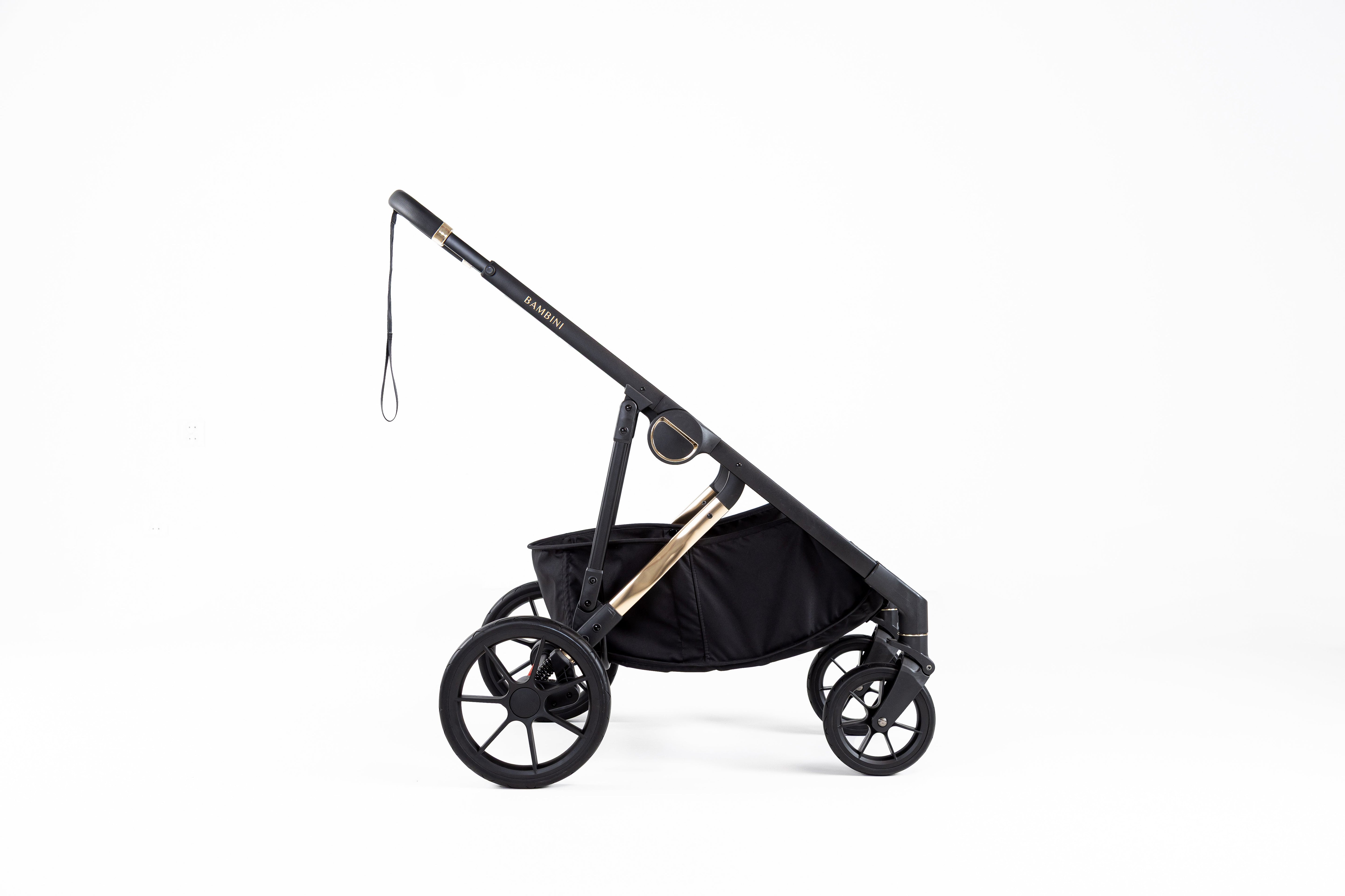 Black stroller frame with storage basket from Bambini LISBON Noah Gold baby strollers