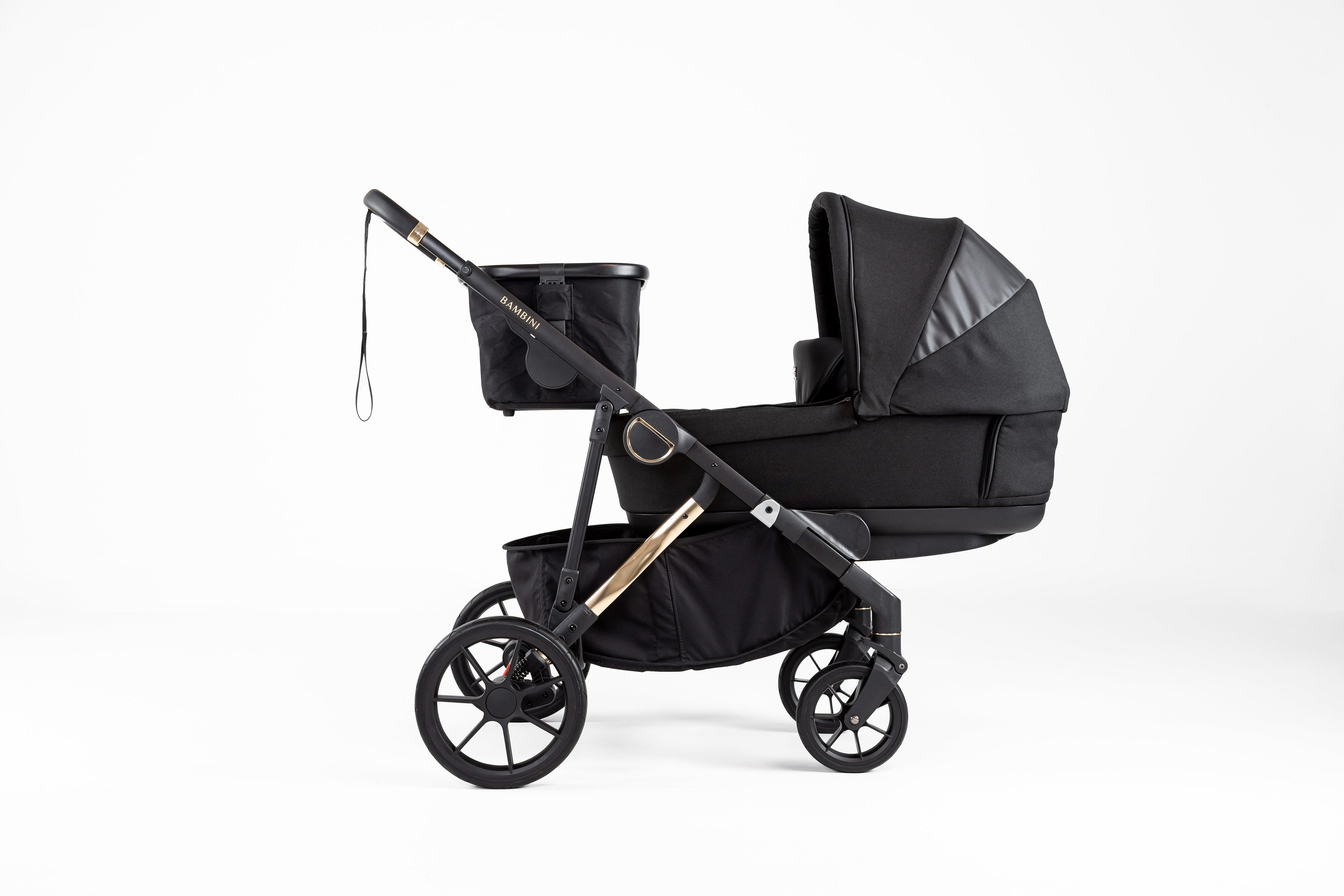 Black baby stroller with bassinet from Bambini Lisbon Noah Gold single pram