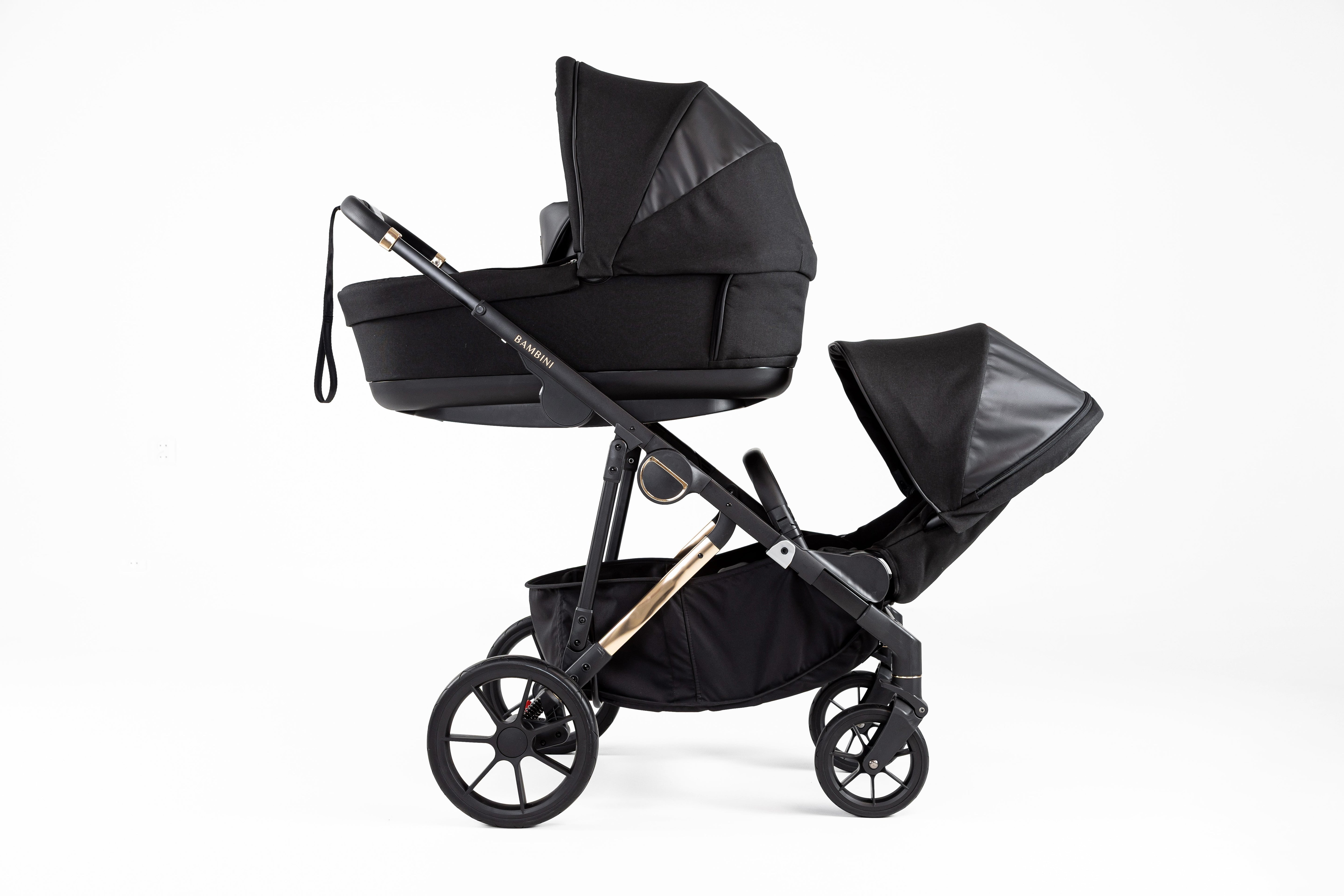 Black double stroller Bambini Lisbon Noah Gold baby strollers for happy family trips