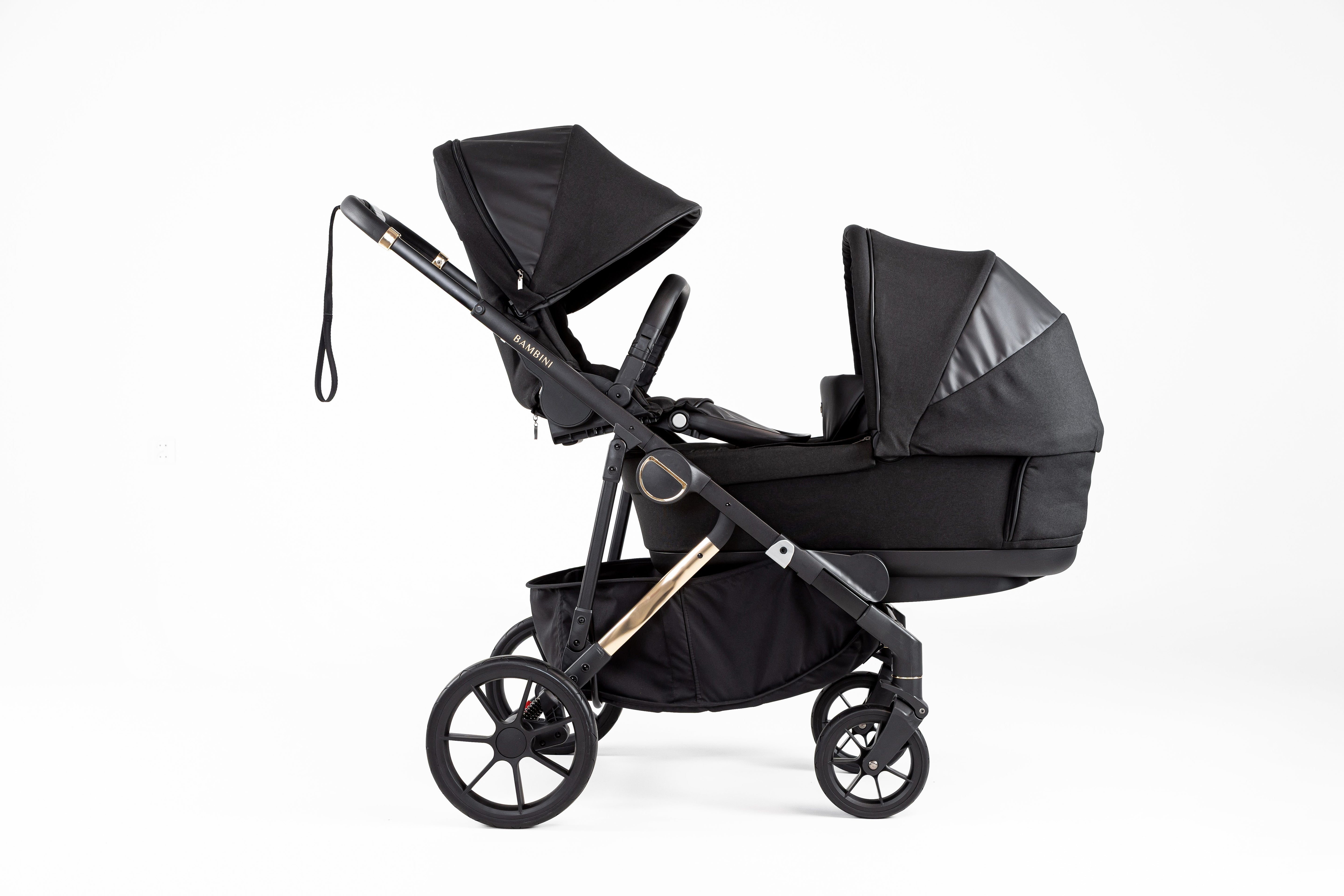 Black double stroller Bambini LISBON Noah Gold toddler seat for easy city strolling