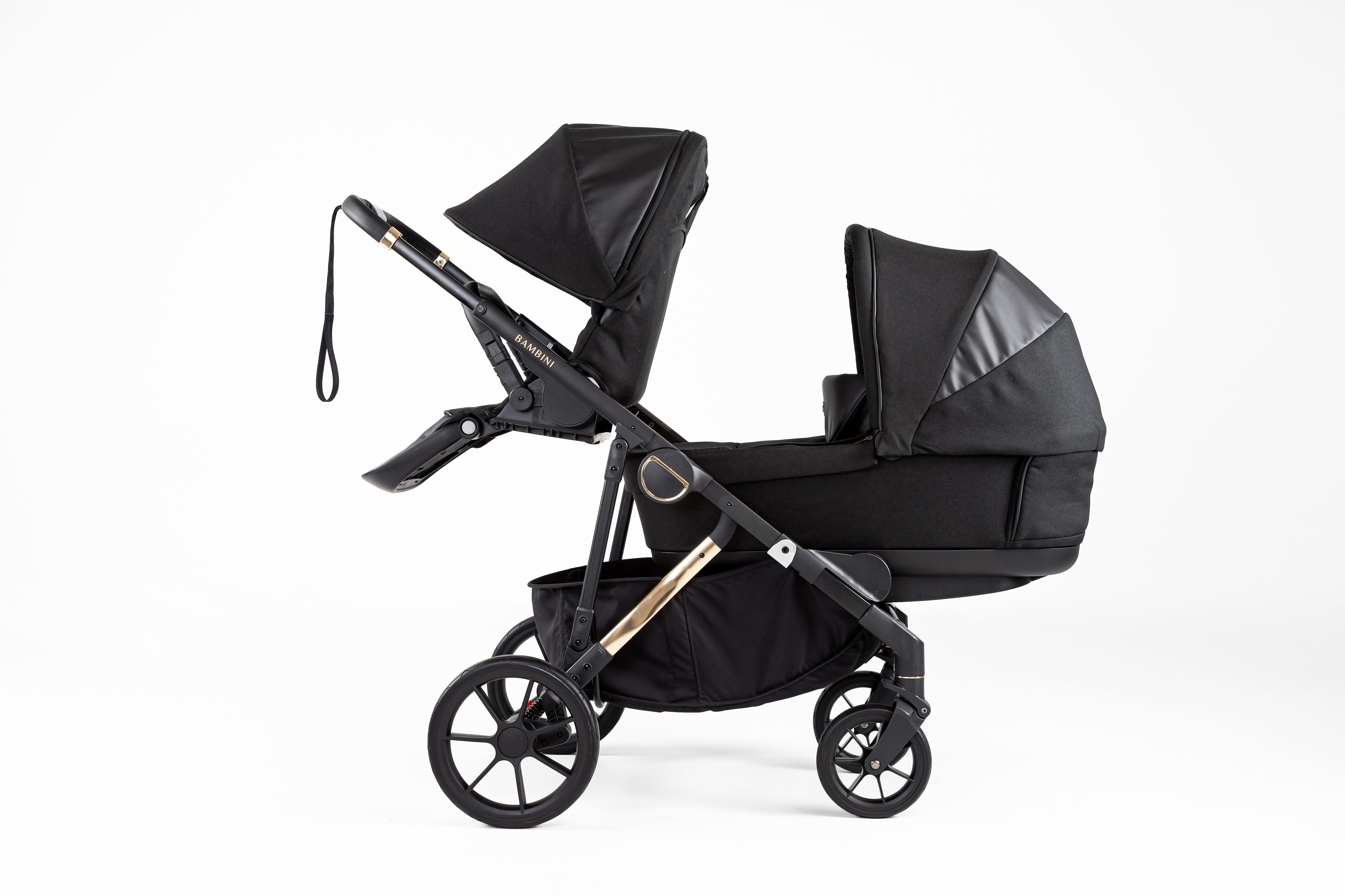 Black double stroller Bambini LISBON with Noah Gold toddler seat for easy outings