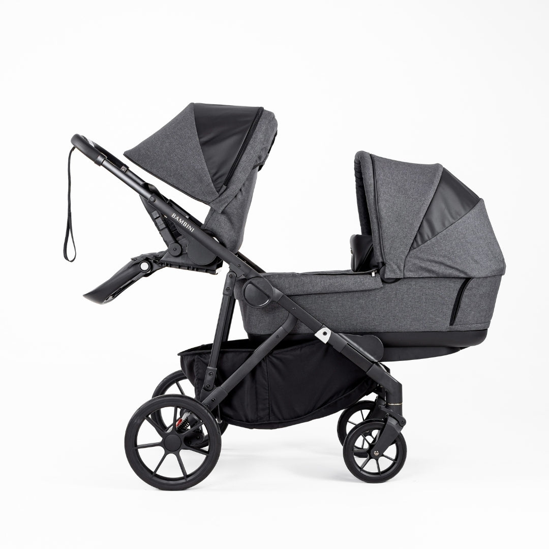 Gray double stroller from Bambini Lisbon with toddler seat for the Single Pram HENRI Black/Charcoal