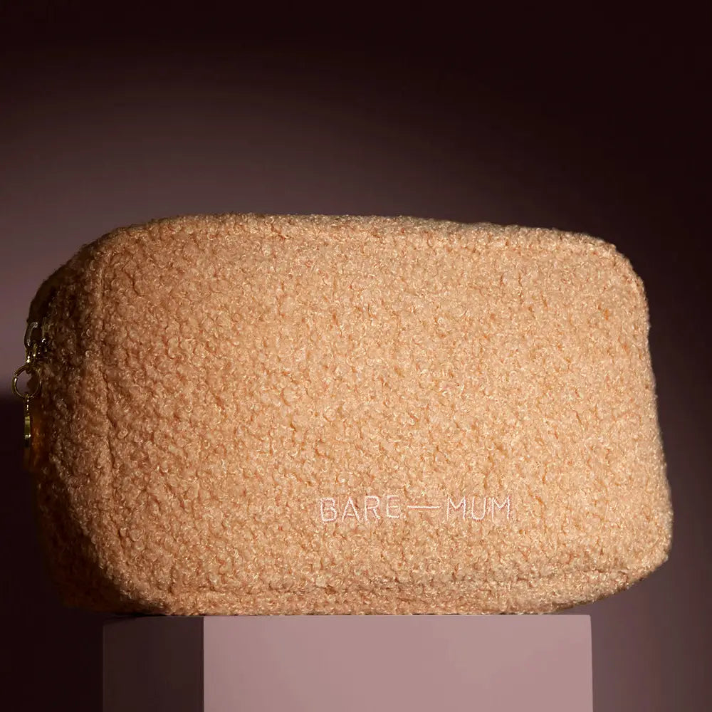 Beige fuzzy cosmetic bag from Bare Mum Teddy perfect for Toshi Baby Romper and baby strollers