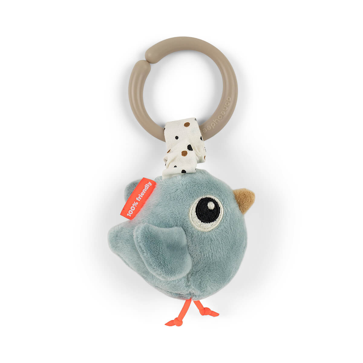 Blue plush bird toy with ring on Done by Deer Activity Play Mat for babies