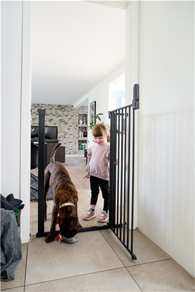 Black metal safety gate for extra tall pet barriers, perfect for Toshi baby needs