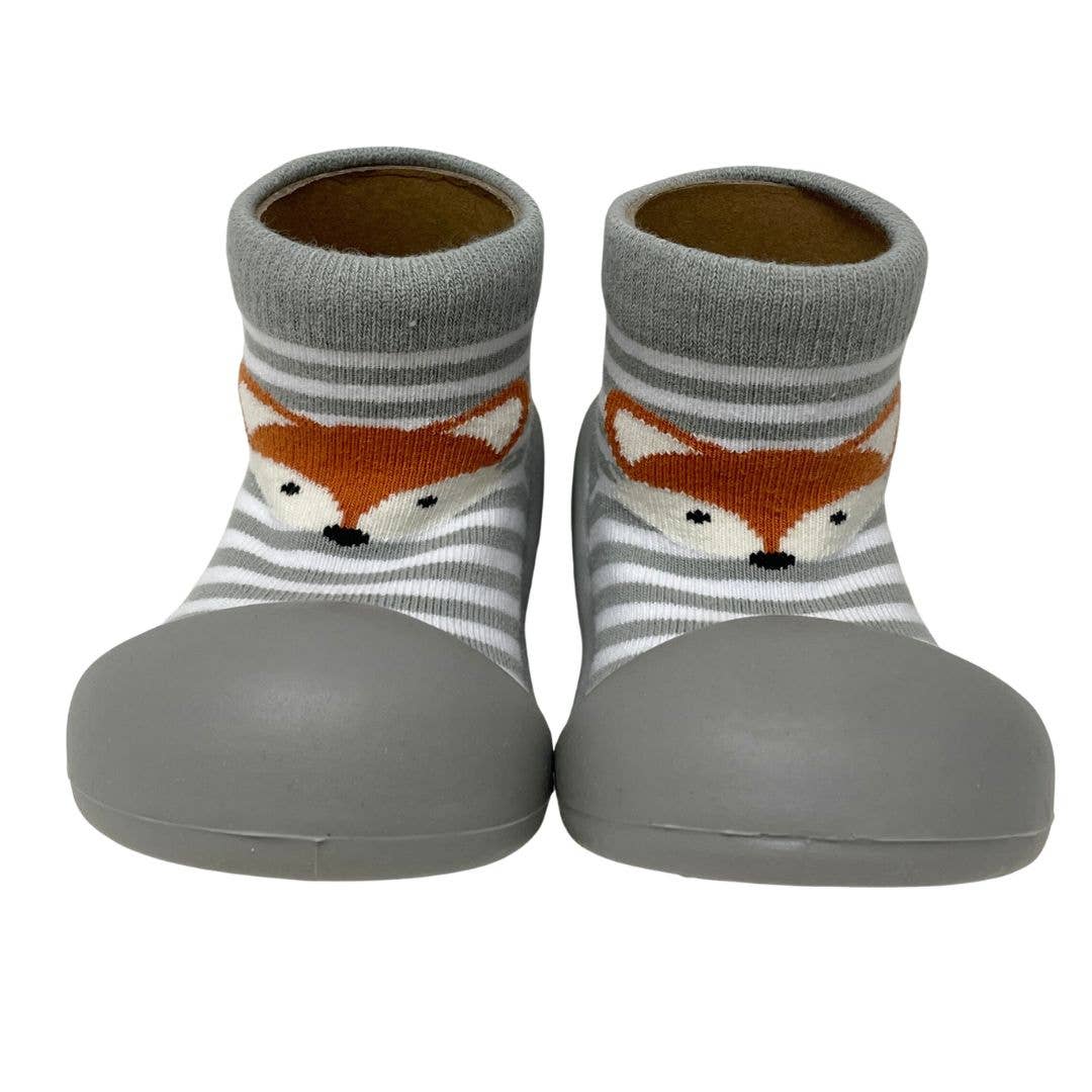 Gray and white striped baby booties with fox design for Toshi Baby; perfect for baby strollers