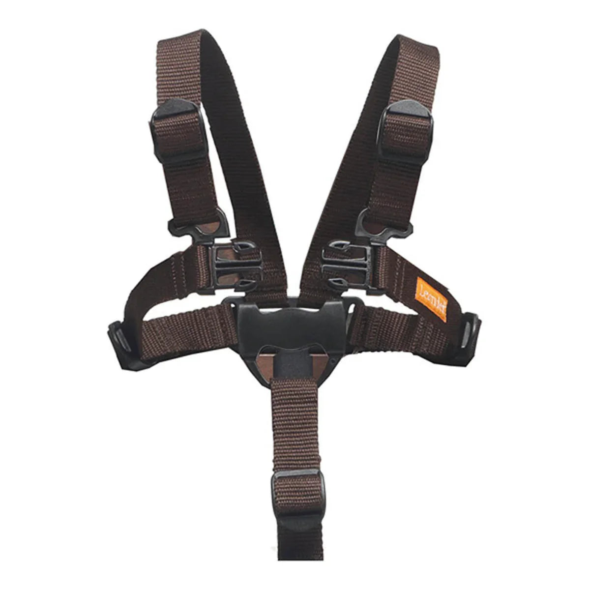 Brown five-point harness on Leander Louie Highchair with Toshi Baby Romper and baby strollers