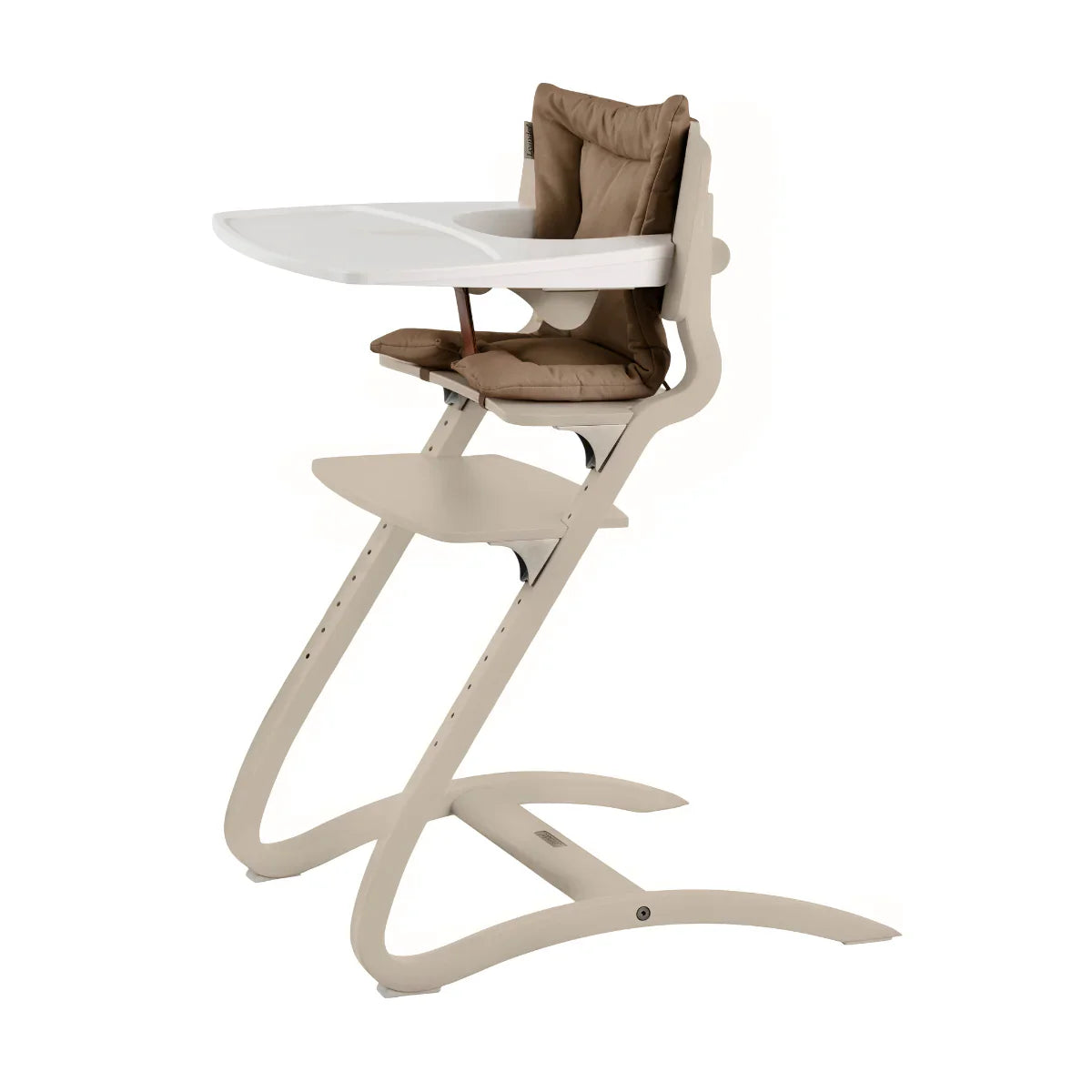 Adjustable beige Leander Louie Highchair with white tray and brown cushions for kids