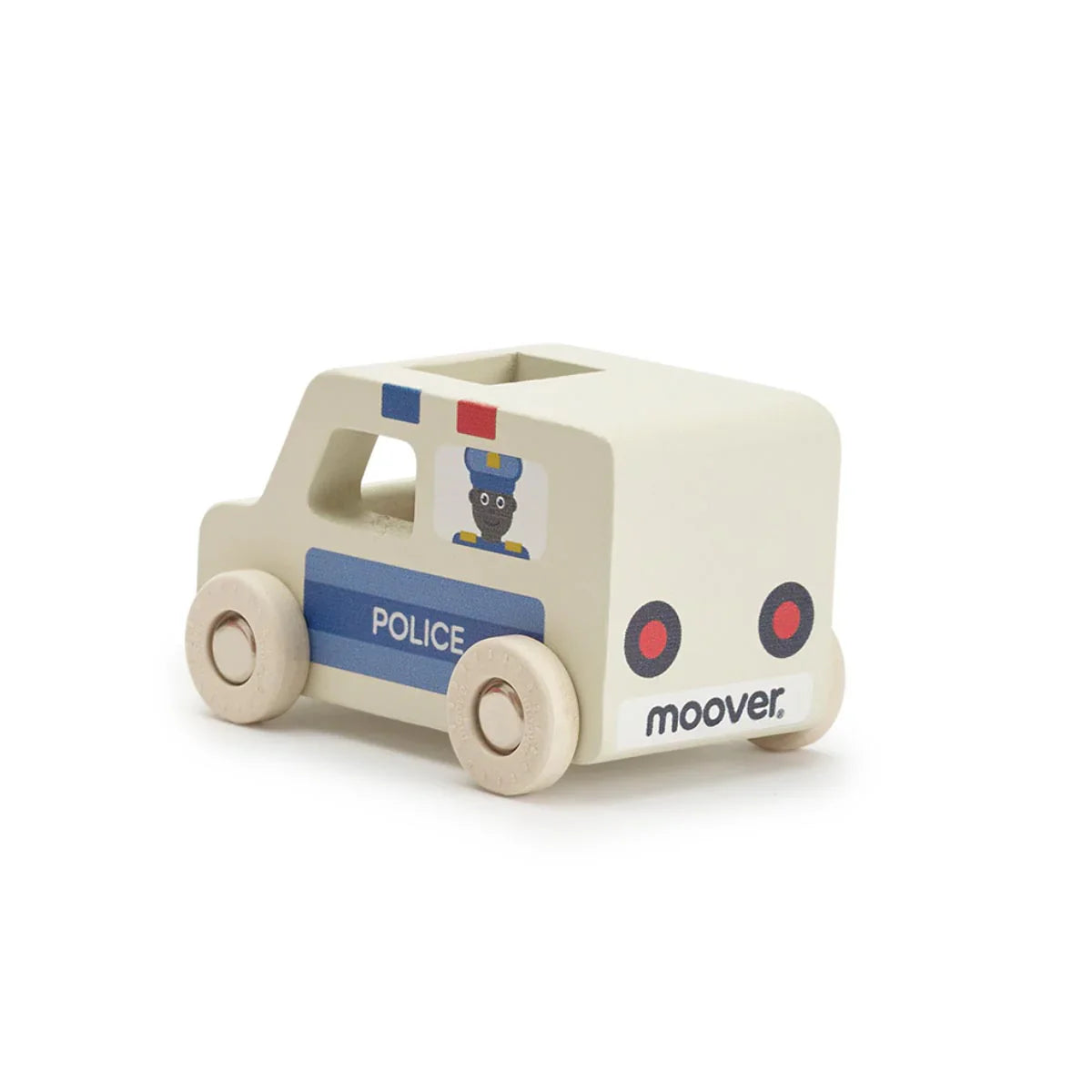 Wooden toy police car from Moover Toys Essentials, perfect for baby strollers playtime