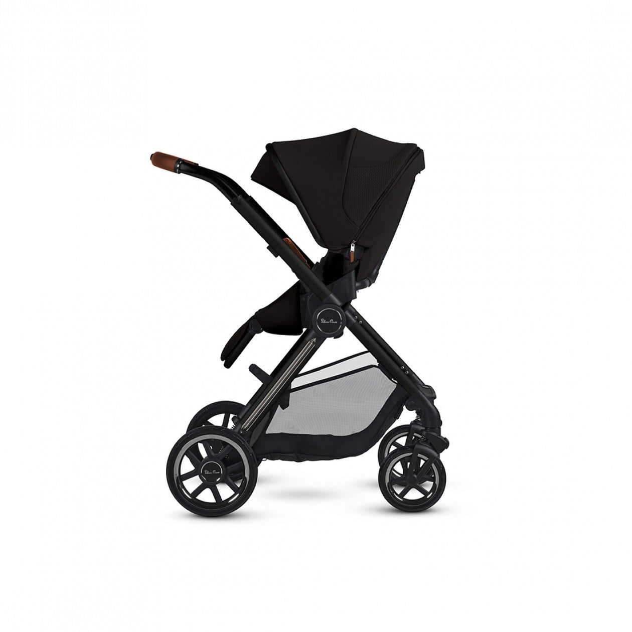 Black stroller with brown handle from Silver Cross Reef 2 Special Edition featuring Odyssey Wagon Wheels