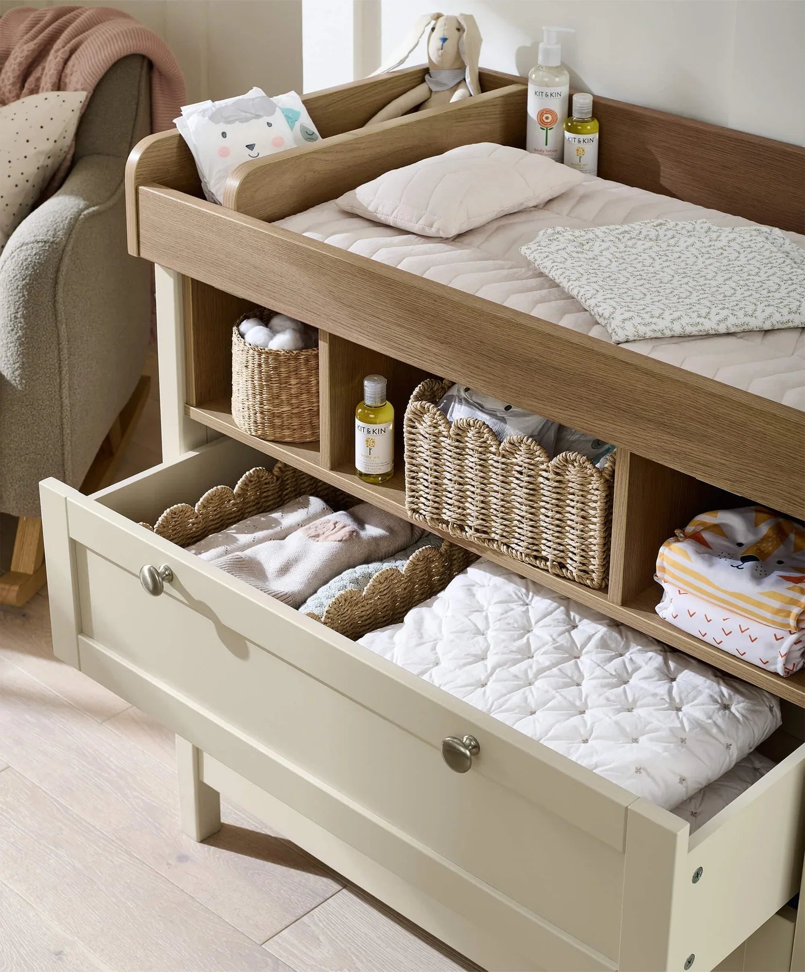 Beige Mamas & Papas Harwell Dresser Changer with open drawer, perfect for toshi baby essentials