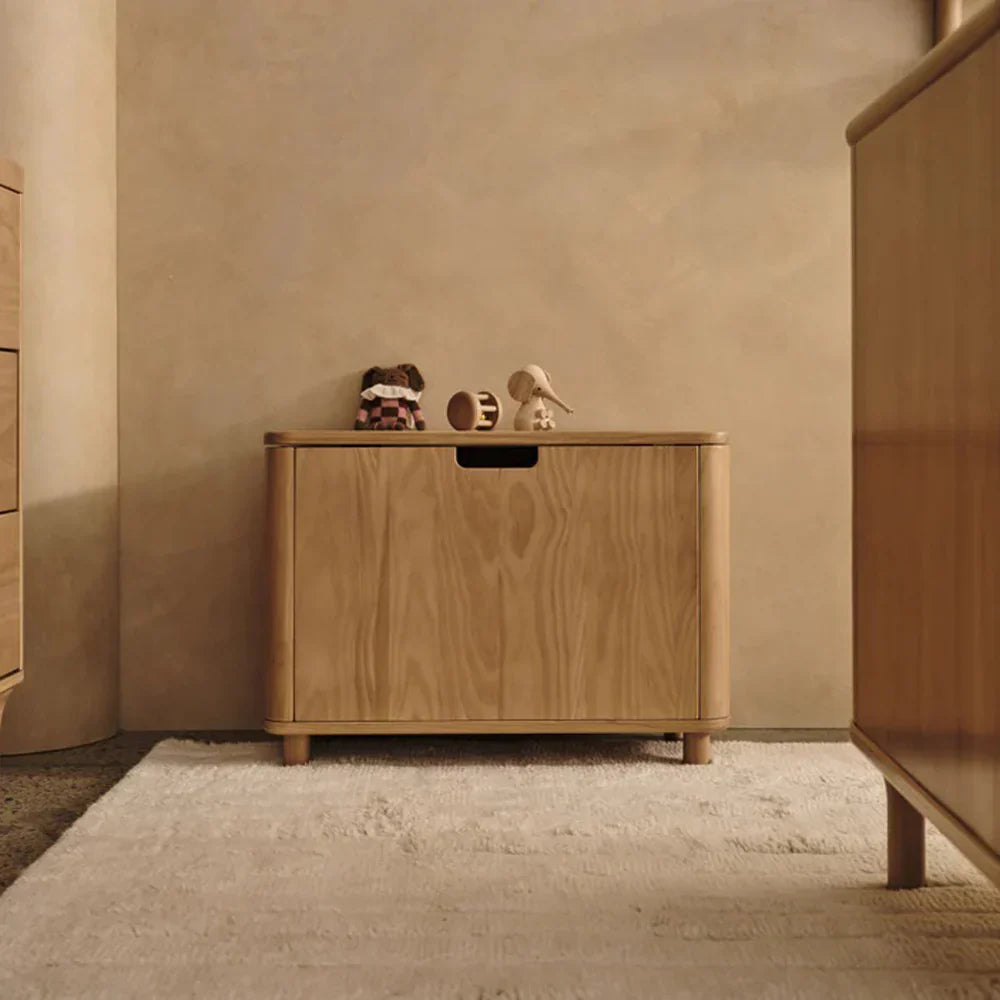 Wooden Willow Toy Box with rounded edges, perfect for Toshi Baby Romper or Bare Mum postpartum storage