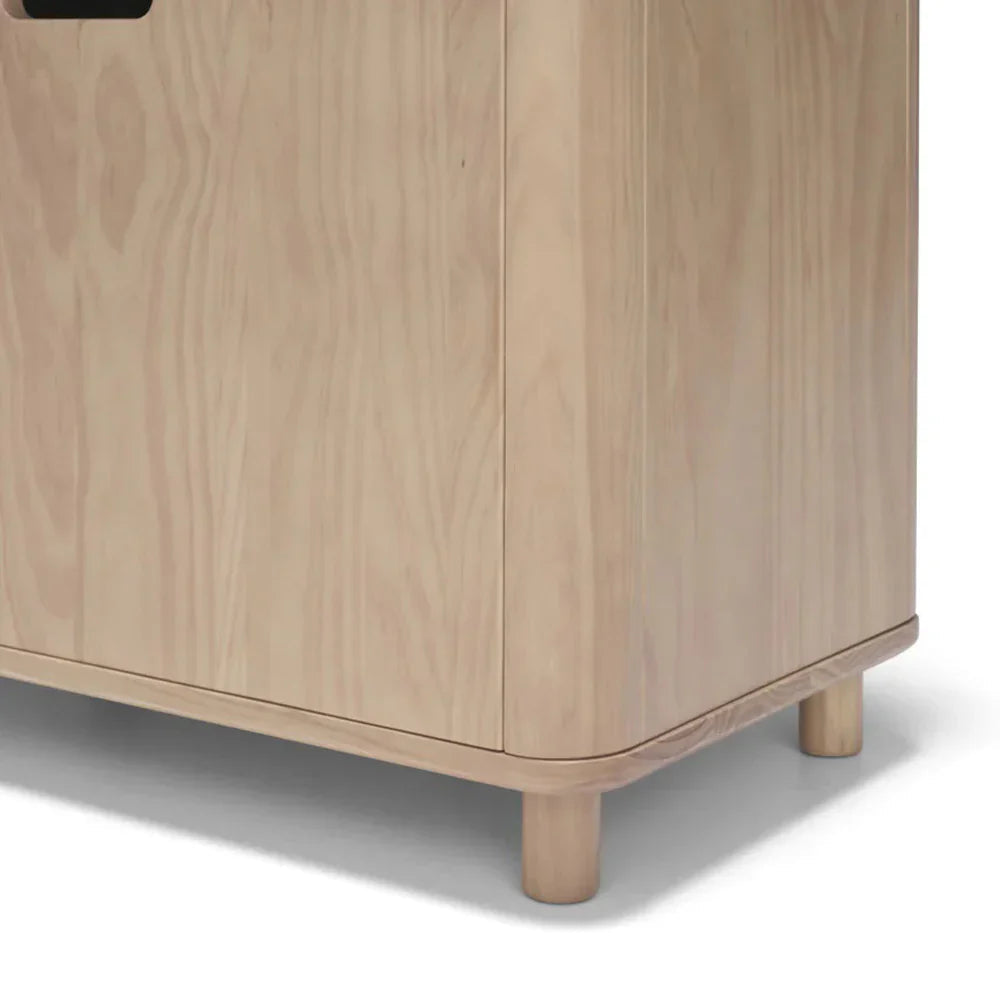 Light wood cabinet with rounded edges for Tasman Eco Willow Toy Box and baby strollers