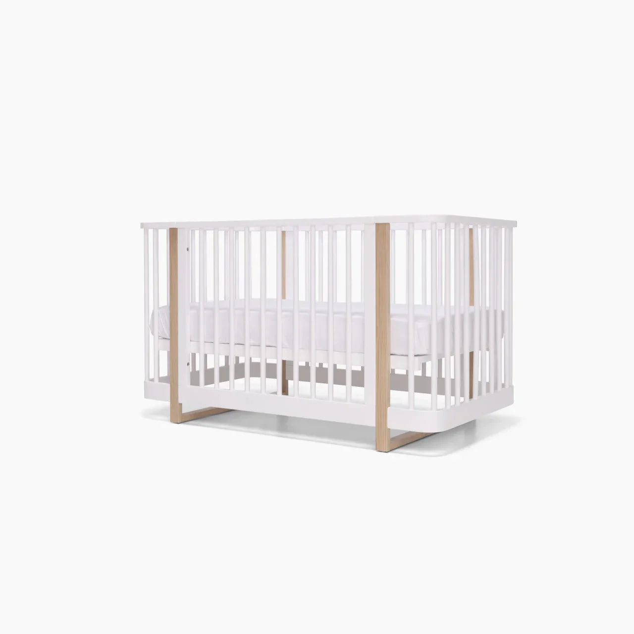 White and natural wood tasman eco pisa crib with free standard mattress for toshi baby