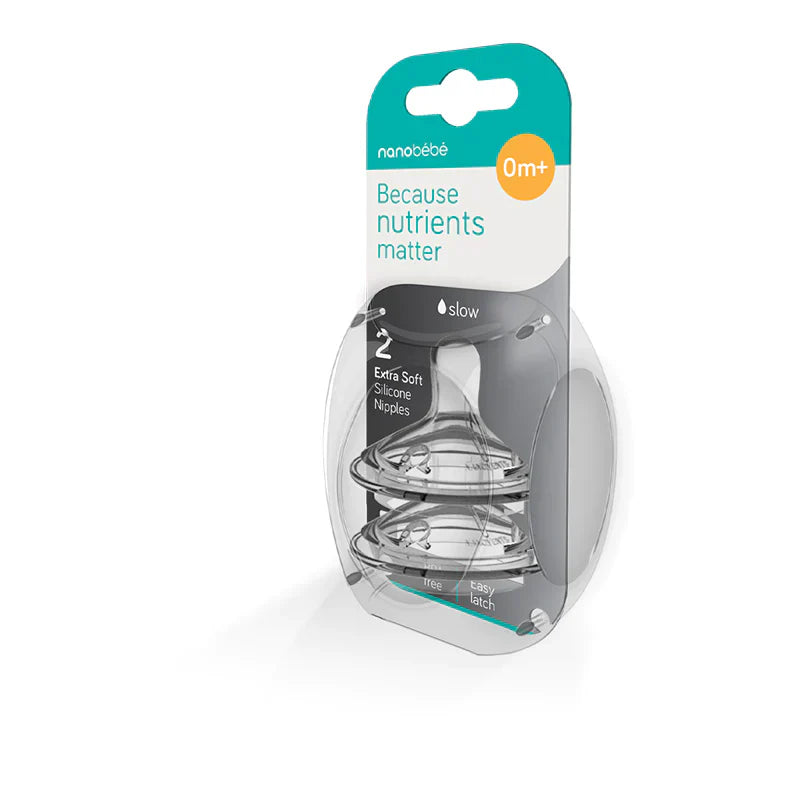Two baby bottle nipples in packaging for Nanobebe SLOW FLOW 0m+ teats, perfect for baby strollers