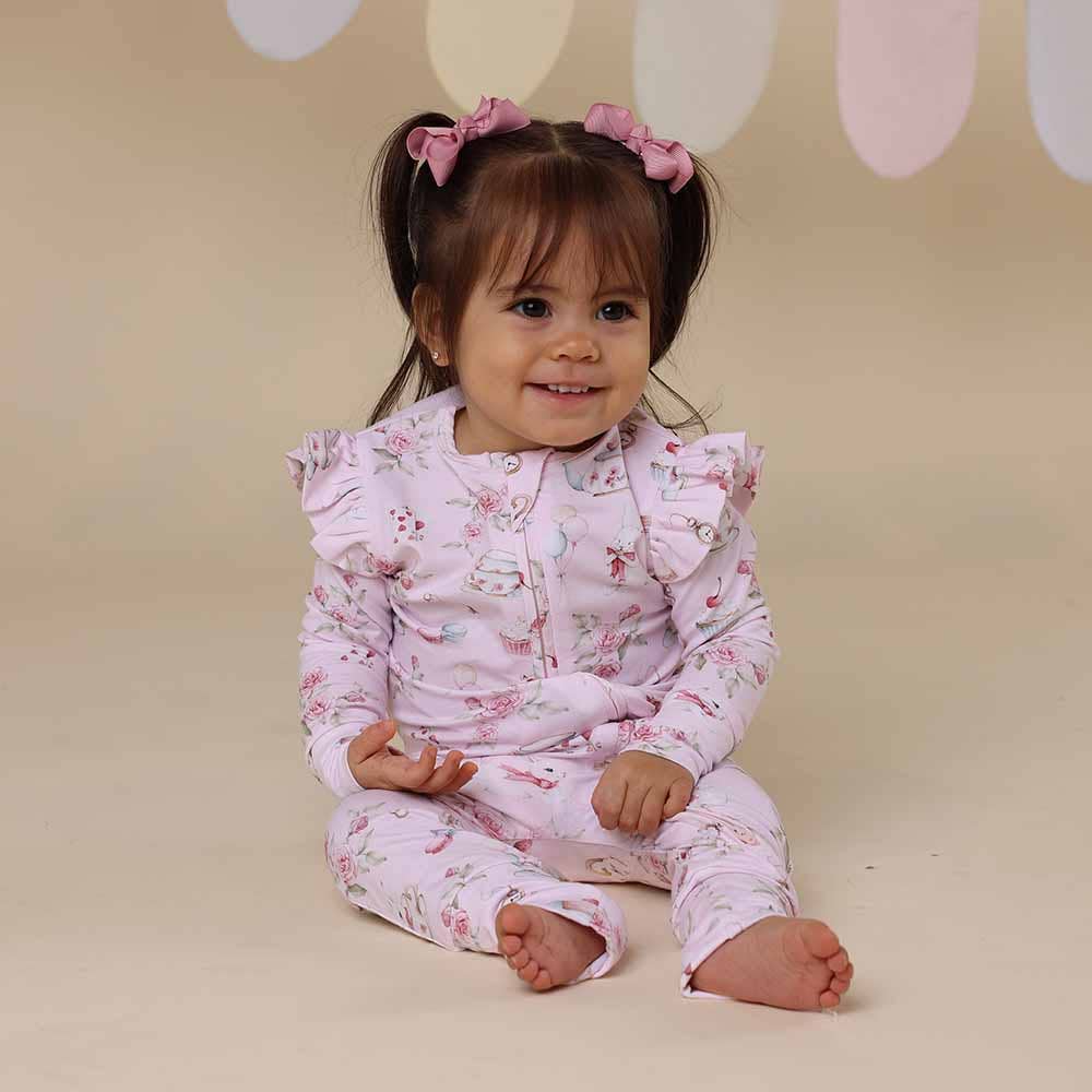 Snuggle Hunny - Alice’s Tea Party Organic Snugglesuit Convertible Romper with Frill - 3-6 Months (00)