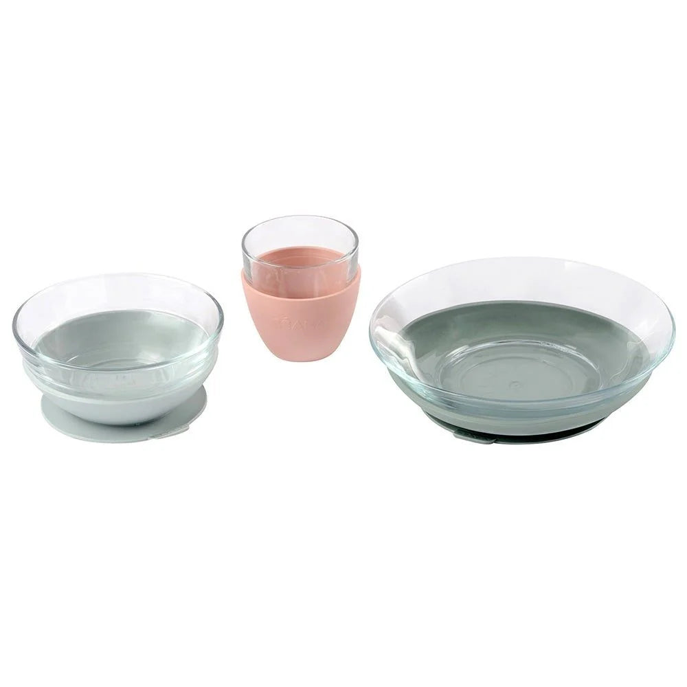 Beaba Duralex Glass Meal Set With Soft Protective Suction Pad - Eucalyptus