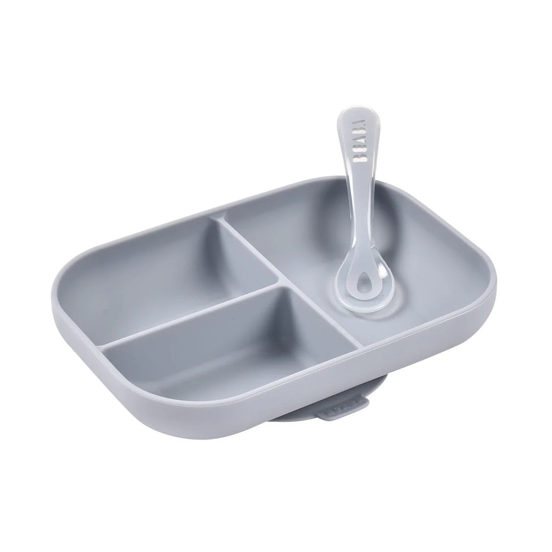 Beaba Silicone Suction Divided Plates & Spoon - PEBBLE  | ETA Early July
