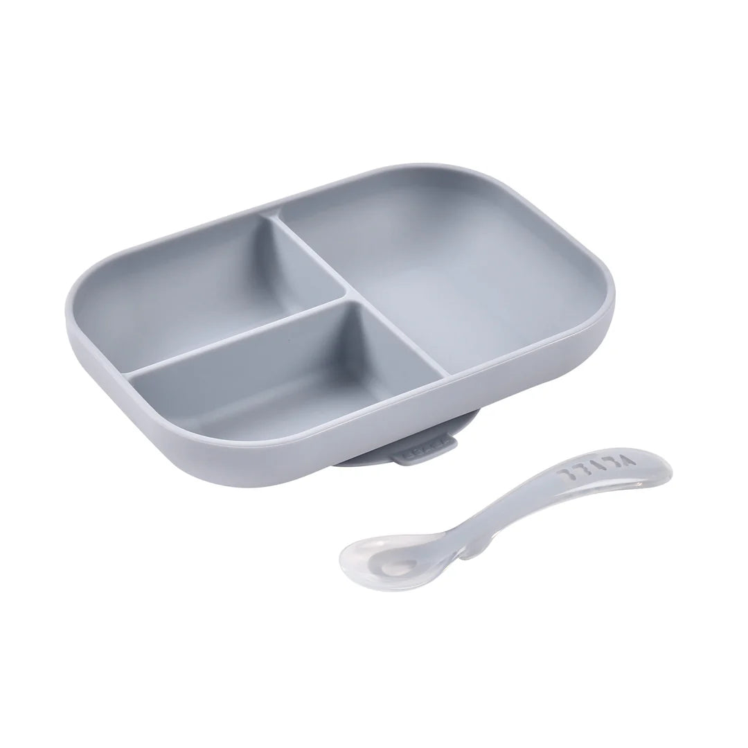 Beaba Silicone Suction Divided Plates & Spoon - PEBBLE  | ETA Early July