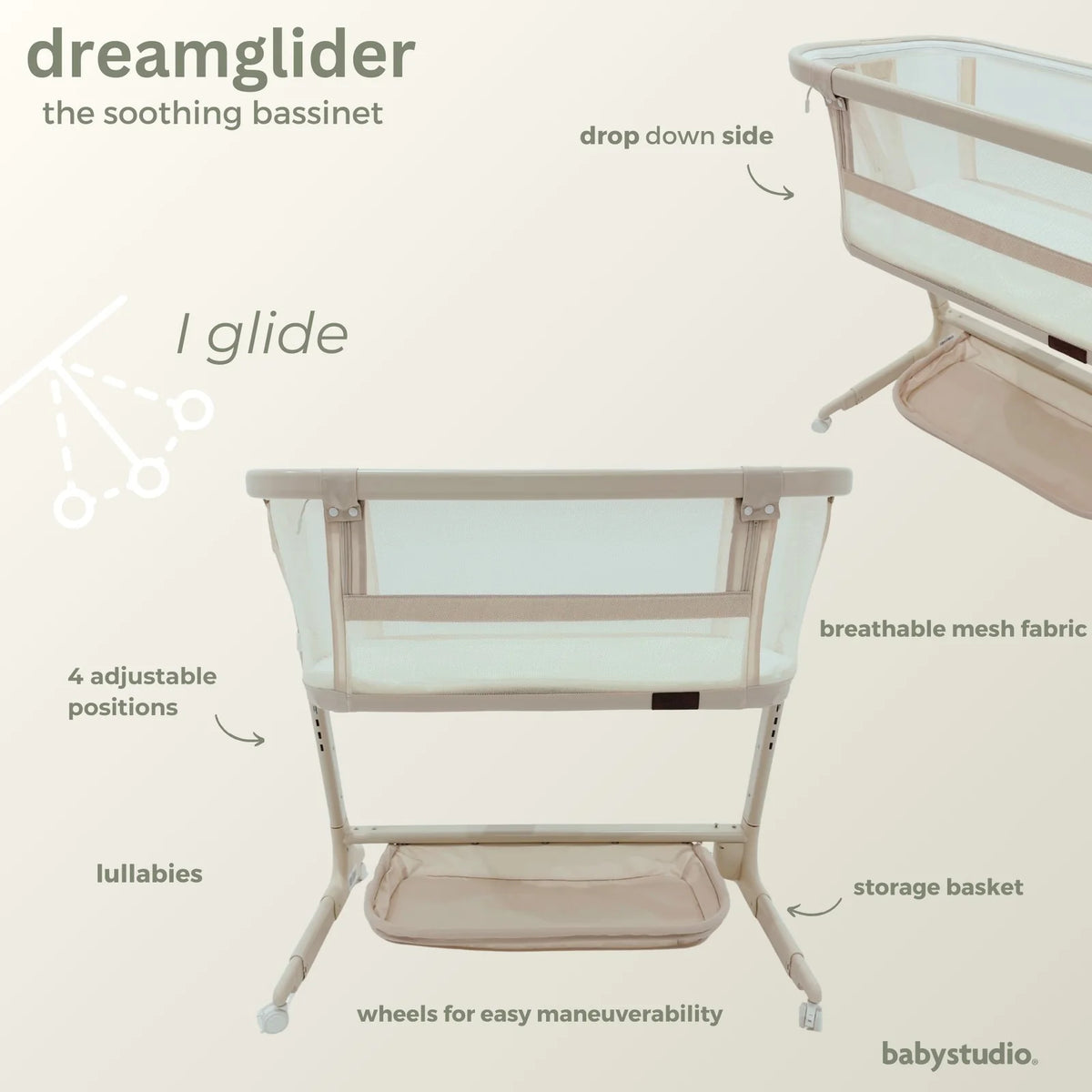 Babystudio Dream Glider Bedside Sleeper – Auto Motion Bassinet | Sand