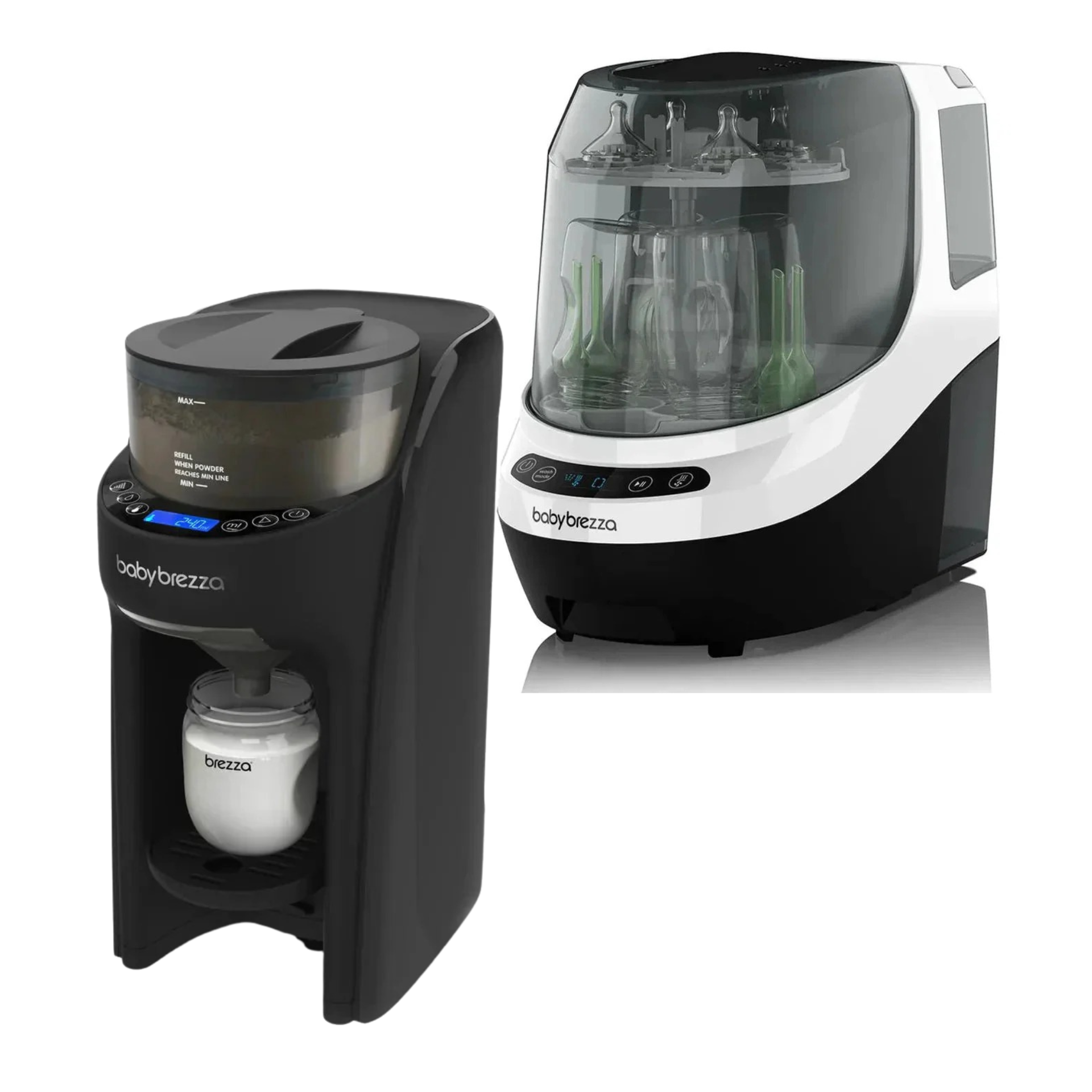 Babybezzo baby bottle sterilizer and grinder shown on a white background, featuring a black and white main unit with a transparent bottle holder and a separate black grinder component.